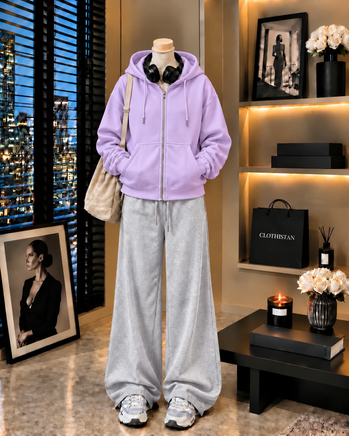 Premium Zipper Hoodie & Grey Wide-Leg Trouser Pack of Two