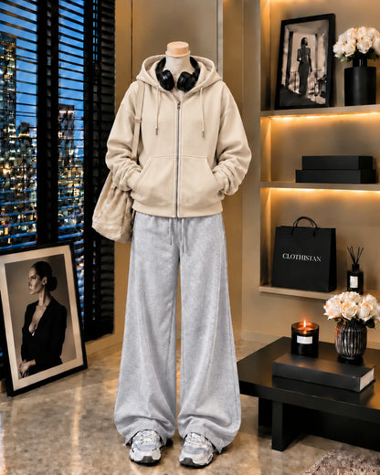 Premium Zipper Hoodie & Grey Wide-Leg Trouser Pack of Two