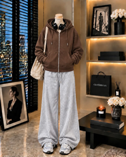 Premium Zipper Hoodie & Grey Wide-Leg Trouser Pack of Two