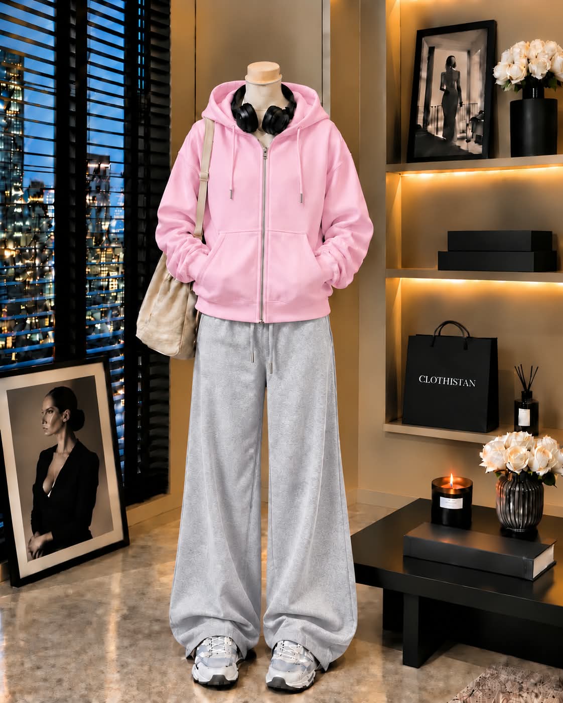 Premium Zipper Hoodie & Grey Wide-Leg Trouser Pack of Two