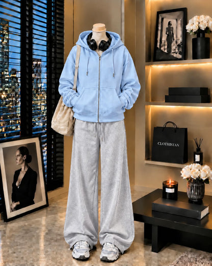 Premium Zipper Hoodie & Grey Wide-Leg Trouser Pack of Two
