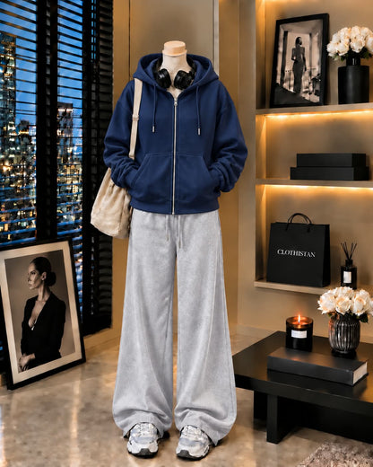 Premium Zipper Hoodie & Grey Wide-Leg Trouser Pack of Two