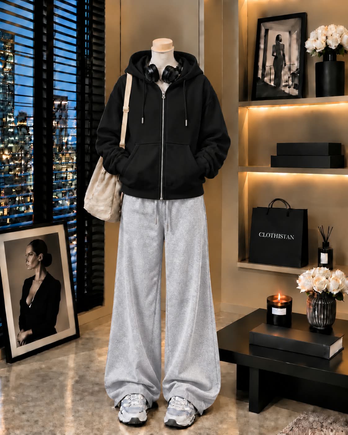 Premium Zipper Hoodie & Grey Wide-Leg Trouser Pack of Two