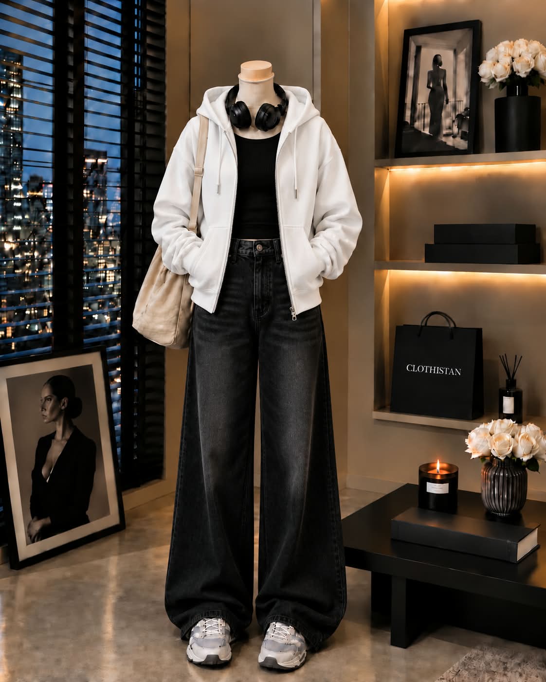 Zipper Hoodie, Black Rib Tank Top & Black Vintage Wide-Leg Jeans as Pack of Threes