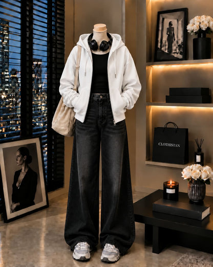 Zipper Hoodie, Black Rib Tank Top & Black Vintage Wide-Leg Jeans as Pack of Threes