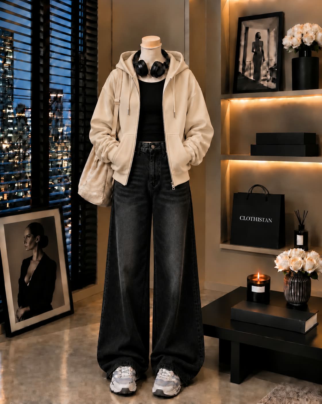 Zipper Hoodie, Black Rib Tank Top & Black Vintage Wide-Leg Jeans as Pack of Threes