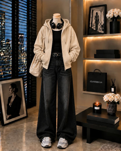 Zipper Hoodie, Black Rib Tank Top & Black Vintage Wide-Leg Jeans as Pack of Threes