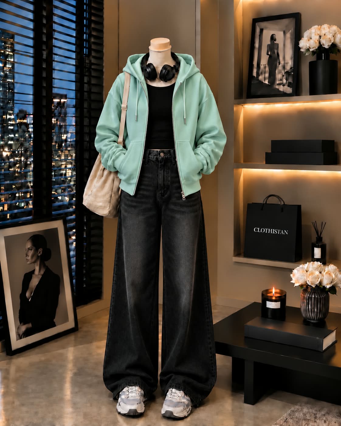 Zipper Hoodie, Black Rib Tank Top & Black Vintage Wide-Leg Jeans as Pack of Threes