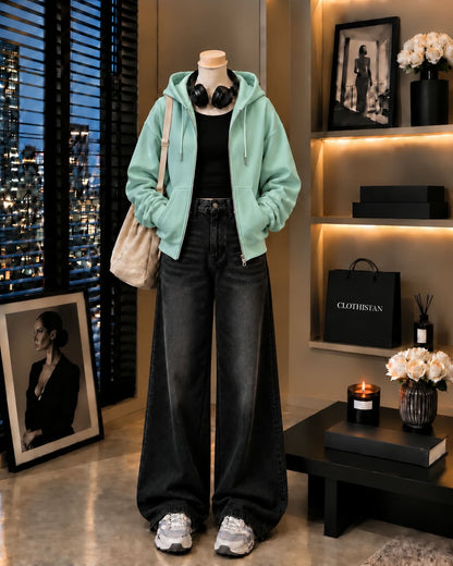 Zipper Hoodie, Black Rib Tank Top & Black Vintage Wide-Leg Jeans as Pack of Threes