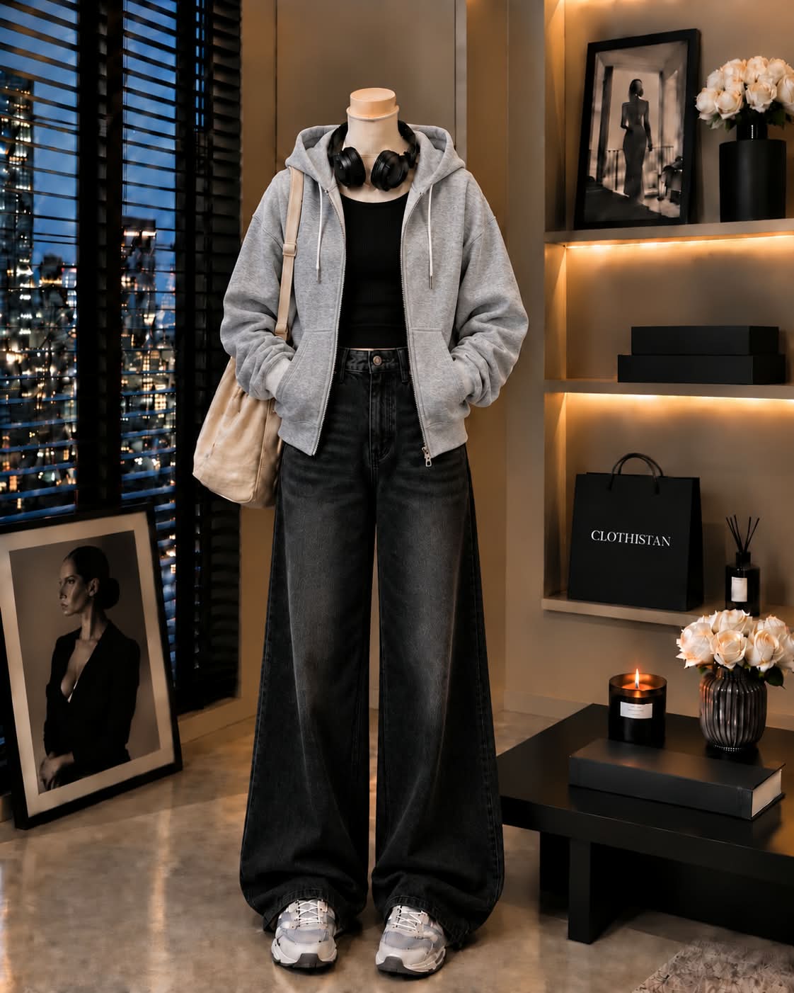 Zipper Hoodie, Black Rib Tank Top & Black Vintage Wide-Leg Jeans as Pack of Threes