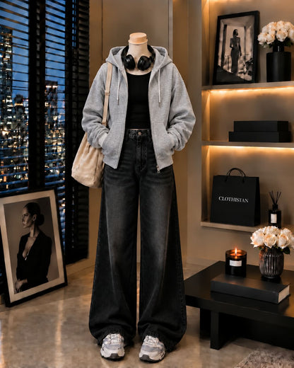 Zipper Hoodie, Black Rib Tank Top & Black Vintage Wide-Leg Jeans as Pack of Threes