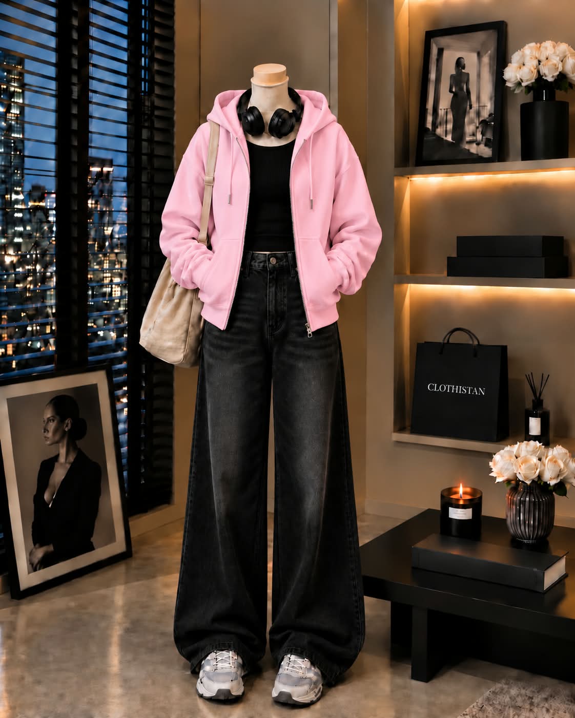 Zipper Hoodie, Black Rib Tank Top & Black Vintage Wide-Leg Jeans as Pack of Threes