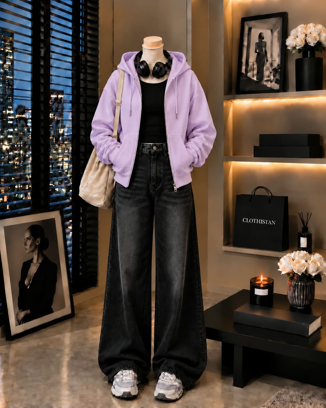 Zipper Hoodie, Black Rib Tank Top & Black Vintage Wide-Leg Jeans as Pack of Threes