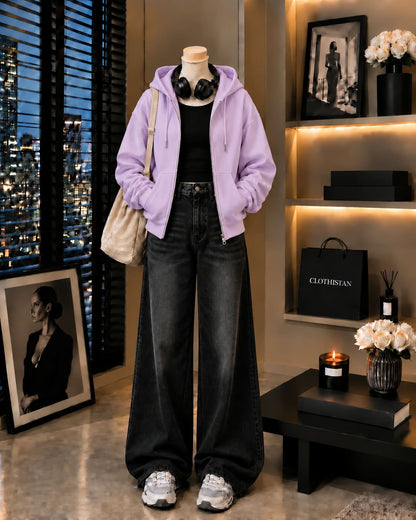 Zipper Hoodie, Black Rib Tank Top & Black Vintage Wide-Leg Jeans as Pack of Threes