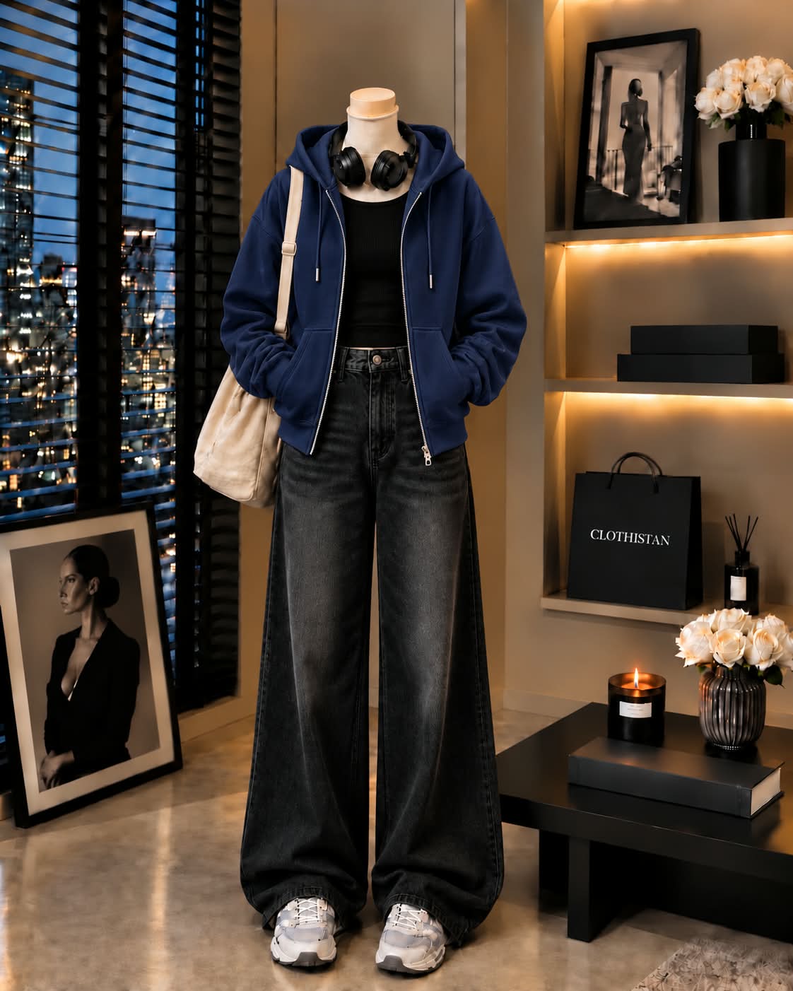 Zipper Hoodie, Black Rib Tank Top & Black Vintage Wide-Leg Jeans as Pack of Threes