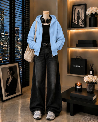 Zipper Hoodie, Black Rib Tank Top & Black Vintage Wide-Leg Jeans as Pack of Threes