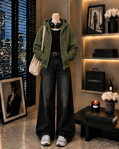 Zipper Hoodie, Black Rib Tank Top & Black Vintage Wide-Leg Jeans as Pack of Threes