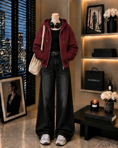 Zipper Hoodie, Black Rib Tank Top & Black Vintage Wide-Leg Jeans as Pack of Threes