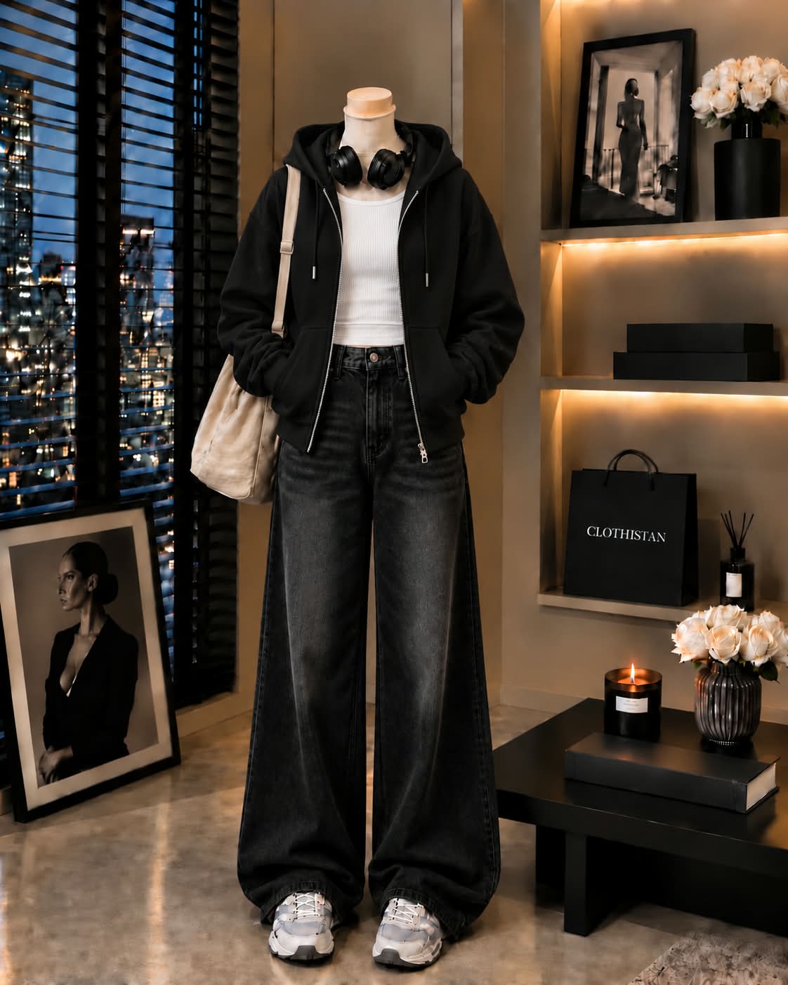 Zipper Hoodie, White Rib Tank Top & Black Vintage Wide-Leg Jeans as Pack of Threes