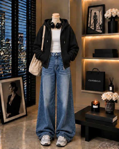 Zipper Hoodie, White Rib Tank Top & Mid blue Vintage Wide-Leg Jeans as Pack of Threes