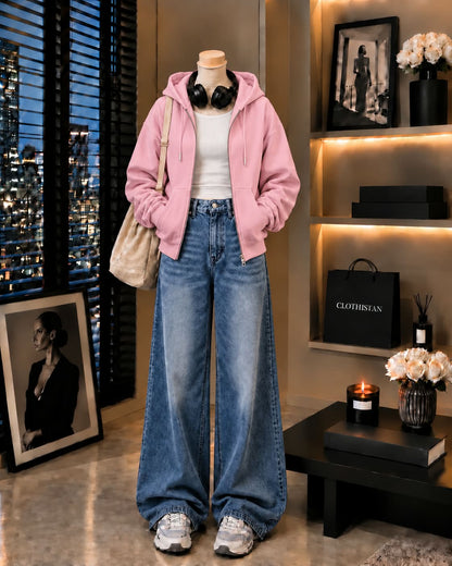 Zipper Hoodie, White Rib Tank Top & Mid blue Vintage Wide-Leg Jeans as Pack of Threes