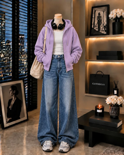 Zipper Hoodie, White Rib Tank Top & Mid blue Vintage Wide-Leg Jeans as Pack of Threes