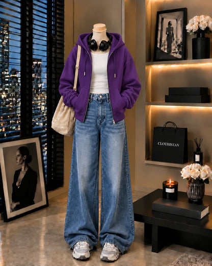 Zipper Hoodie, White Rib Tank Top & Mid blue Vintage Wide-Leg Jeans as Pack of Threes