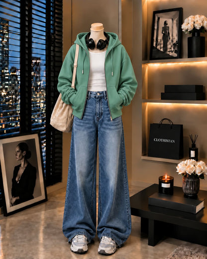 Zipper Hoodie, White Rib Tank Top & Mid blue Vintage Wide-Leg Jeans as Pack of Threes