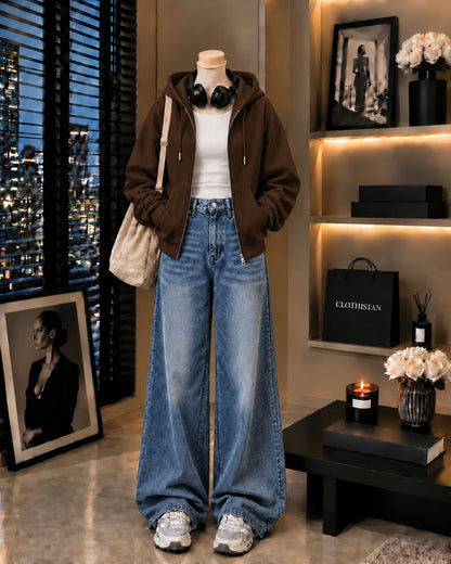 Zipper Hoodie, White Rib Tank Top & Mid blue Vintage Wide-Leg Jeans as Pack of Threes