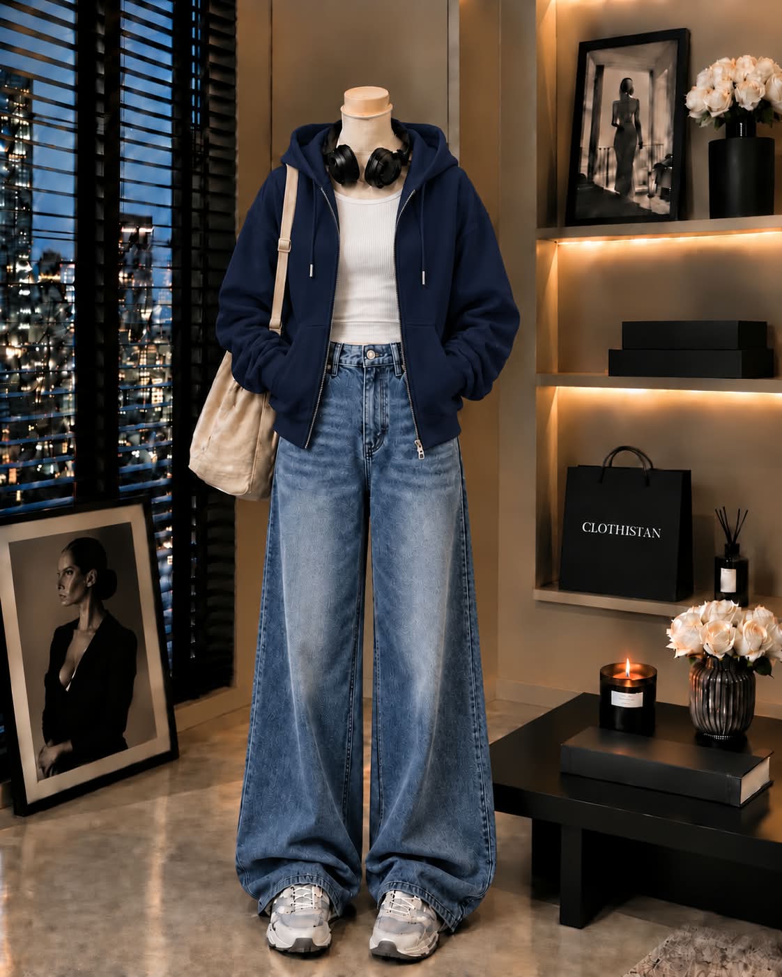Zipper Hoodie, White Rib Tank Top & Mid blue Vintage Wide-Leg Jeans as Pack of Threes