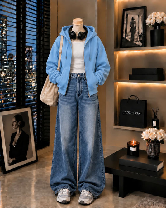 Zipper Hoodie, White Rib Tank Top & Mid blue Vintage Wide-Leg Jeans as Pack of Threes