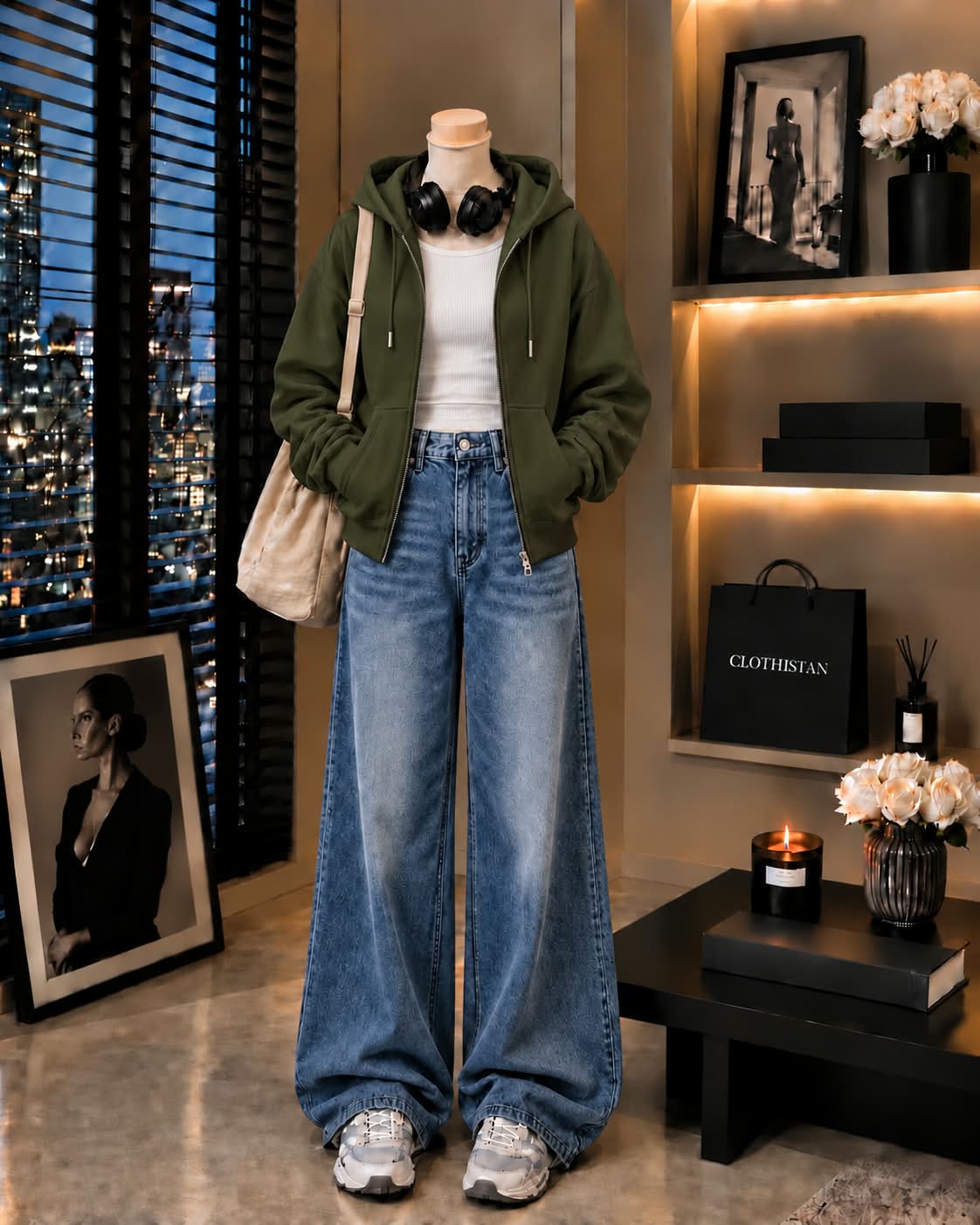 Zipper Hoodie, White Rib Tank Top & Mid blue Vintage Wide-Leg Jeans as Pack of Threes