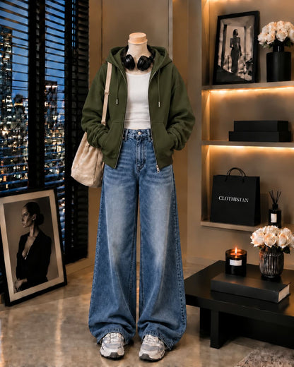 Zipper Hoodie, White Rib Tank Top & Mid blue Vintage Wide-Leg Jeans as Pack of Threes