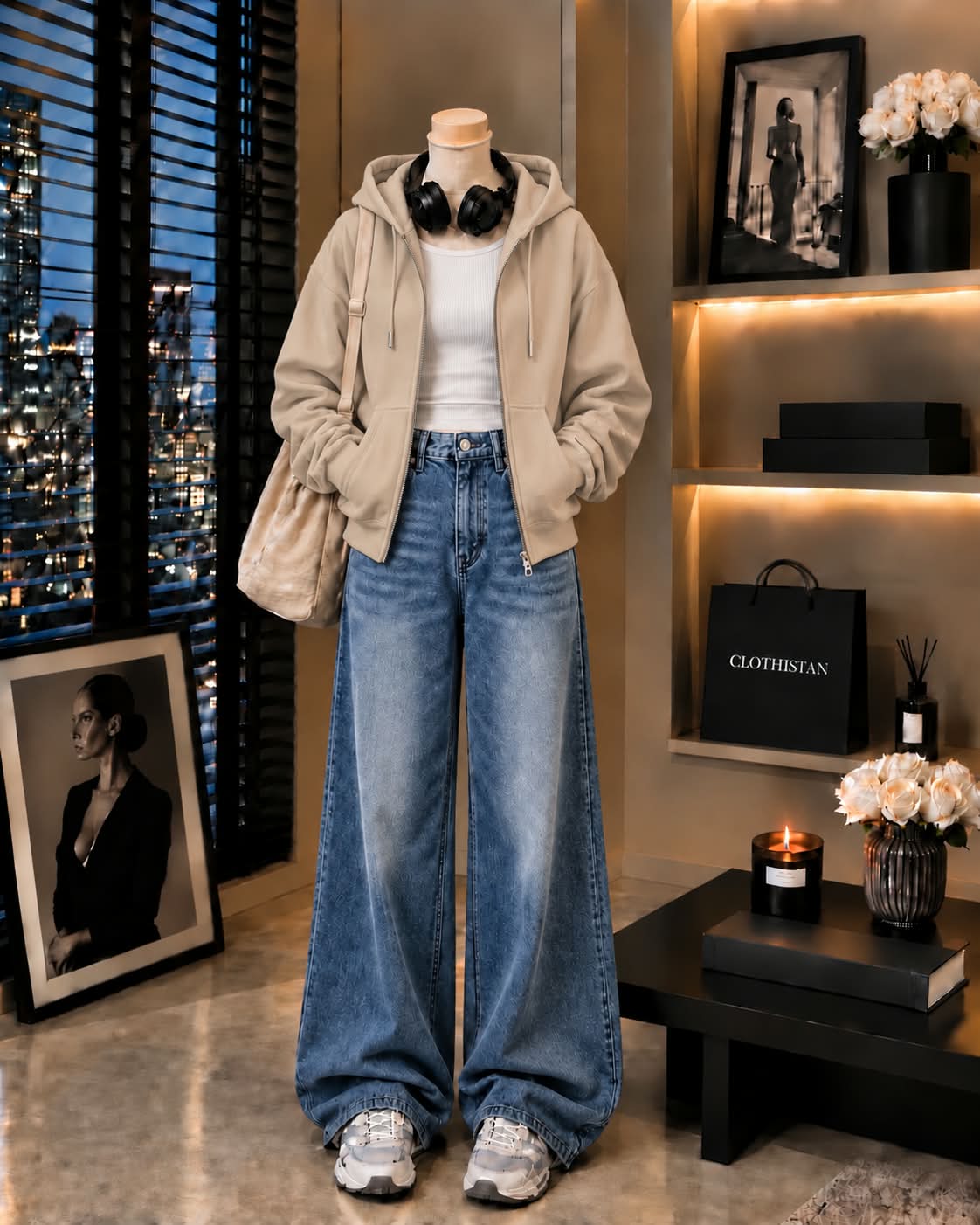 Zipper Hoodie, White Rib Tank Top & Mid blue Vintage Wide-Leg Jeans as Pack of Threes