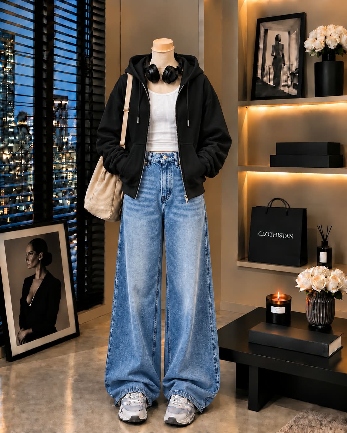 Zipper Hoodie, White Rib Tank Top & Sky blue Vintage Wide-Leg Jeans as Pack of Threes