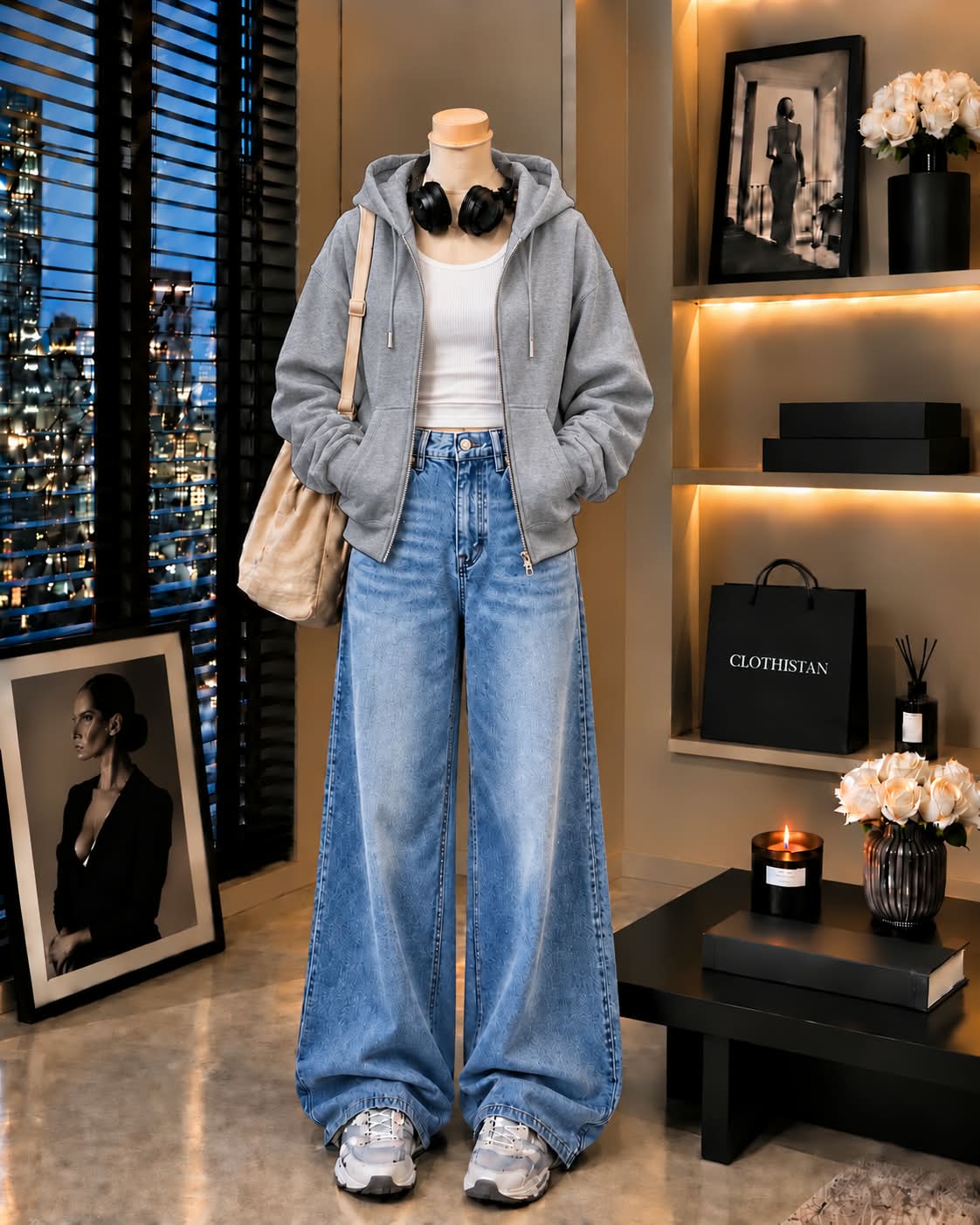 Zipper Hoodie, White Rib Tank Top & Sky blue Vintage Wide-Leg Jeans as Pack of Threes