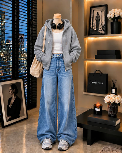 Zipper Hoodie, White Rib Tank Top & Sky blue Vintage Wide-Leg Jeans as Pack of Threes