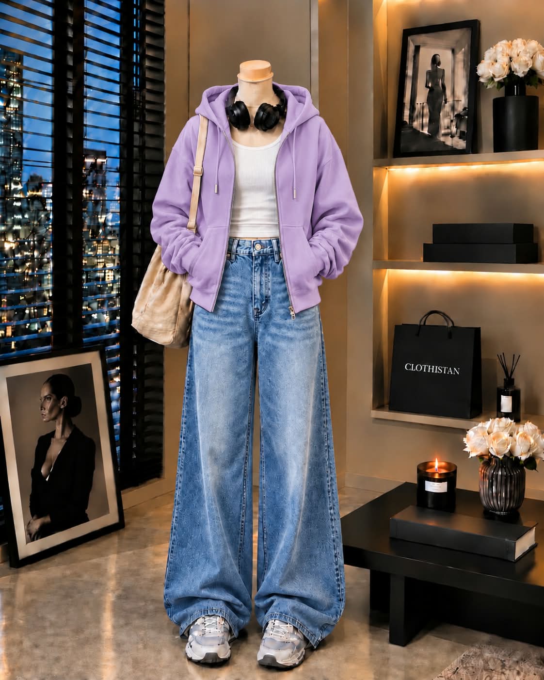 Zipper Hoodie, White Rib Tank Top & Sky blue Vintage Wide-Leg Jeans as Pack of Threes