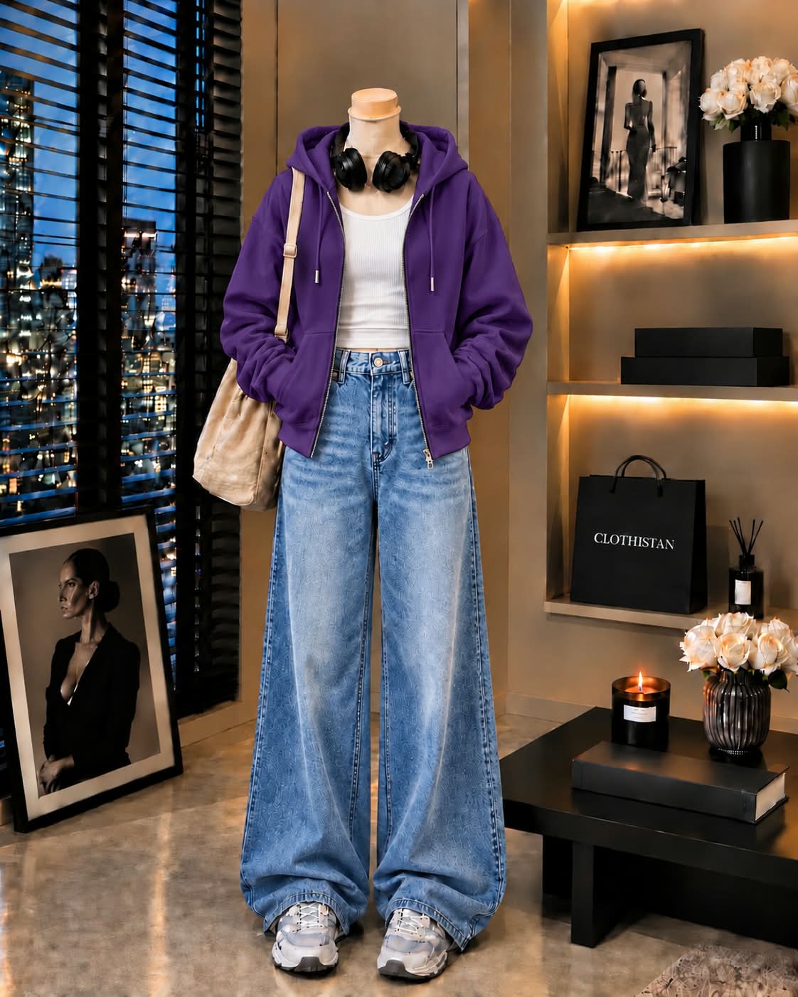 Zipper Hoodie, White Rib Tank Top & Sky blue Vintage Wide-Leg Jeans as Pack of Threes