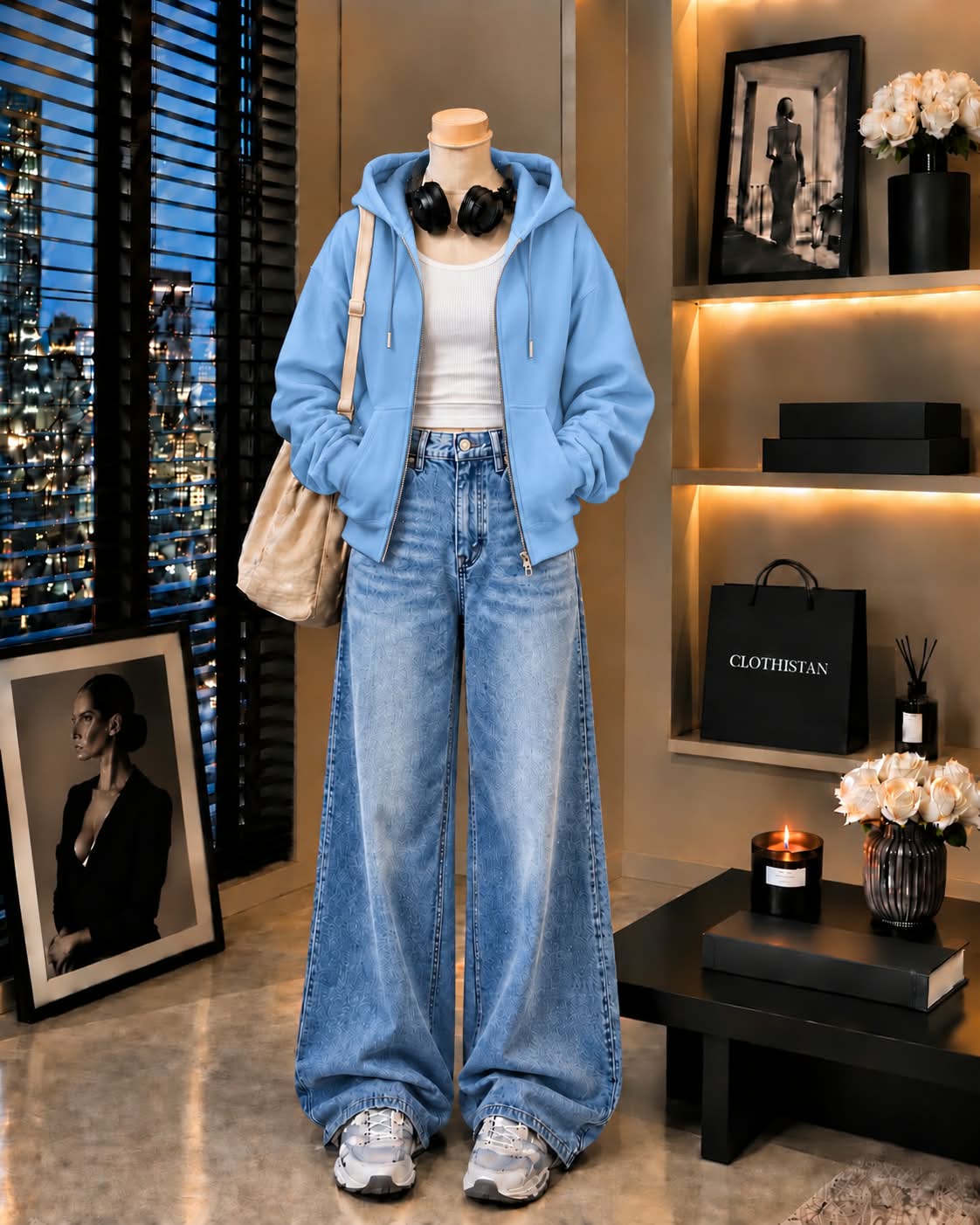 Zipper Hoodie, White Rib Tank Top & Sky blue Vintage Wide-Leg Jeans as Pack of Threes
