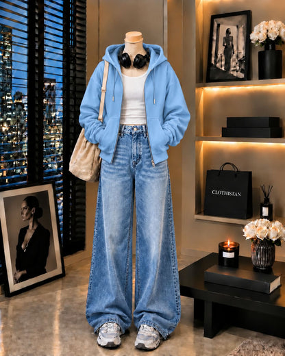 Zipper Hoodie, White Rib Tank Top & Sky blue Vintage Wide-Leg Jeans as Pack of Threes