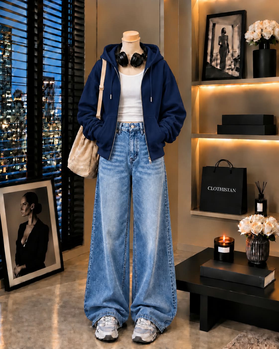 Zipper Hoodie, White Rib Tank Top & Sky blue Vintage Wide-Leg Jeans as Pack of Threes