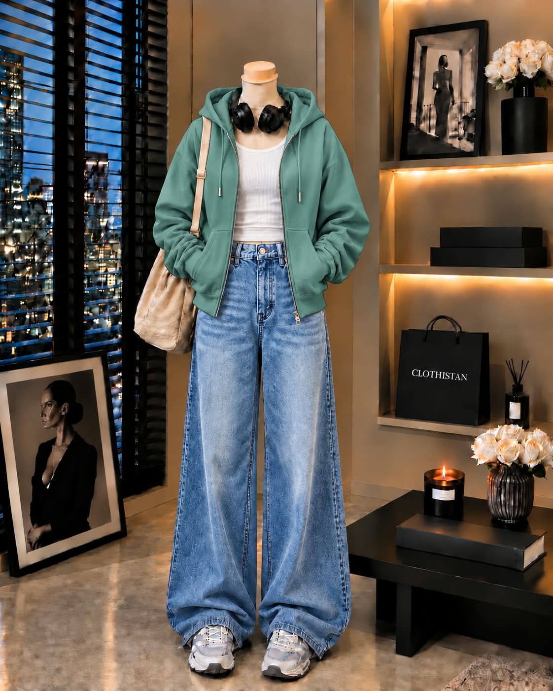 Zipper Hoodie, White Rib Tank Top & Sky blue Vintage Wide-Leg Jeans as Pack of Threes