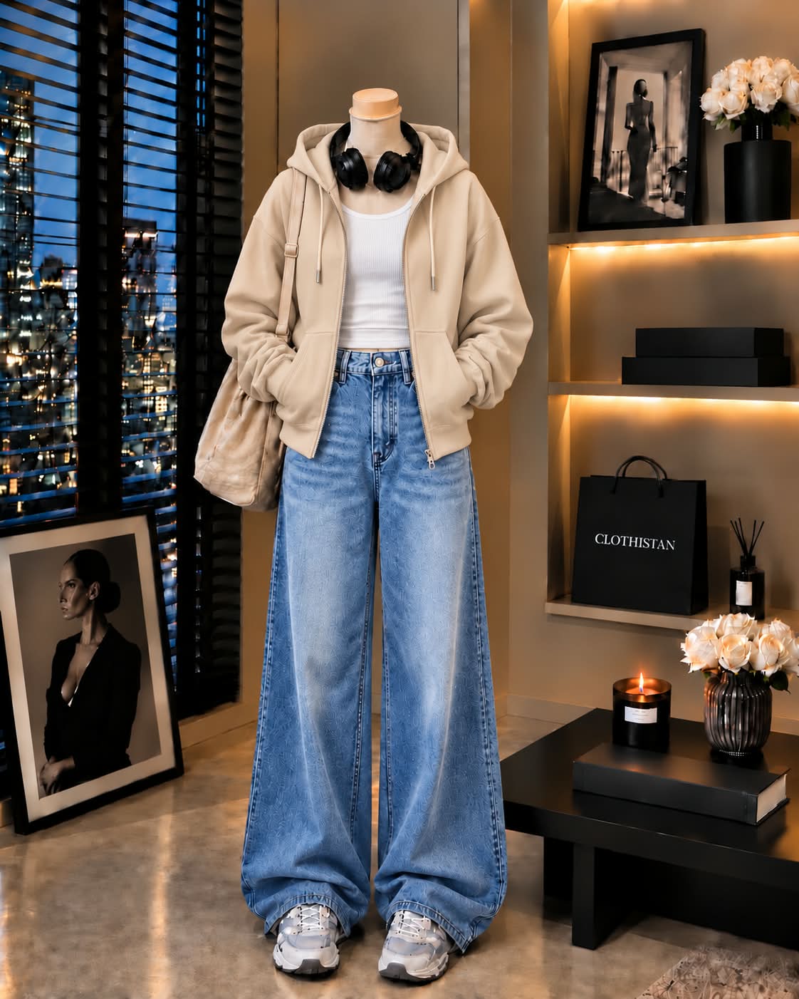 Zipper Hoodie, White Rib Tank Top & Sky blue Vintage Wide-Leg Jeans as Pack of Threes