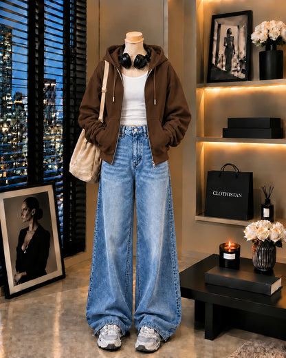 Zipper Hoodie, White Rib Tank Top & Sky blue Vintage Wide-Leg Jeans as Pack of Threes