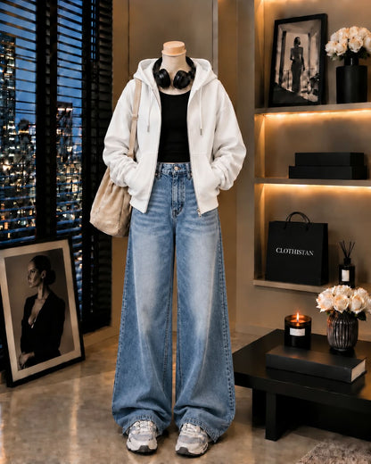 Zipper Hoodie, Black Rib Tank Top & Sky blue Vintage Wide-Leg Jeans as Pack of Threes