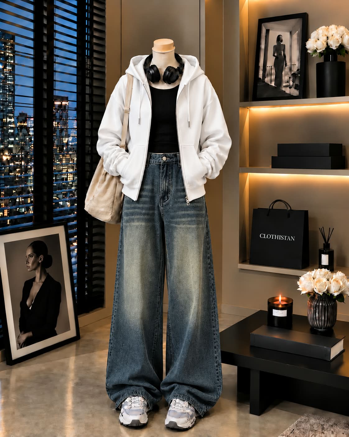 Zipper Hoodie, Black Rib Tank Top & Greenish blue Vintage Wide-Leg Jeans as Pack of Threes
