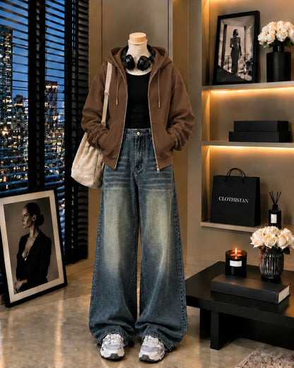 Zipper Hoodie, Black Rib Tank Top & Greenish blue Vintage Wide-Leg Jeans as Pack of Threes