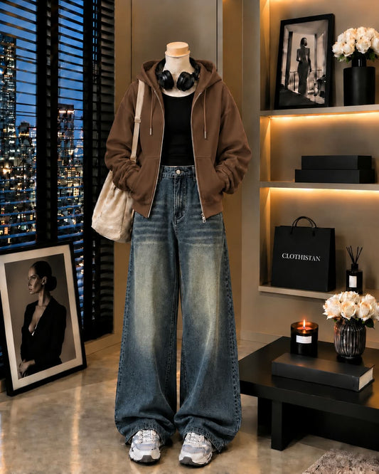 Zipper Hoodie, Black Rib Tank Top & Greenish blue Vintage Wide-Leg Jeans as Pack of Threes