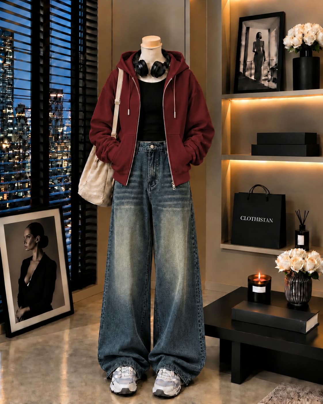 Zipper Hoodie, Black Rib Tank Top & Greenish blue Vintage Wide-Leg Jeans as Pack of Threes